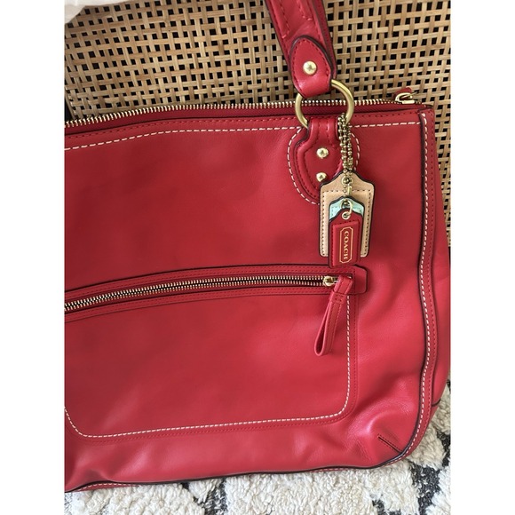 Coach Poppy Hallie Red Leather Tote Handbag Contrast Stitching 22424 MINT - Picture 3 of 12